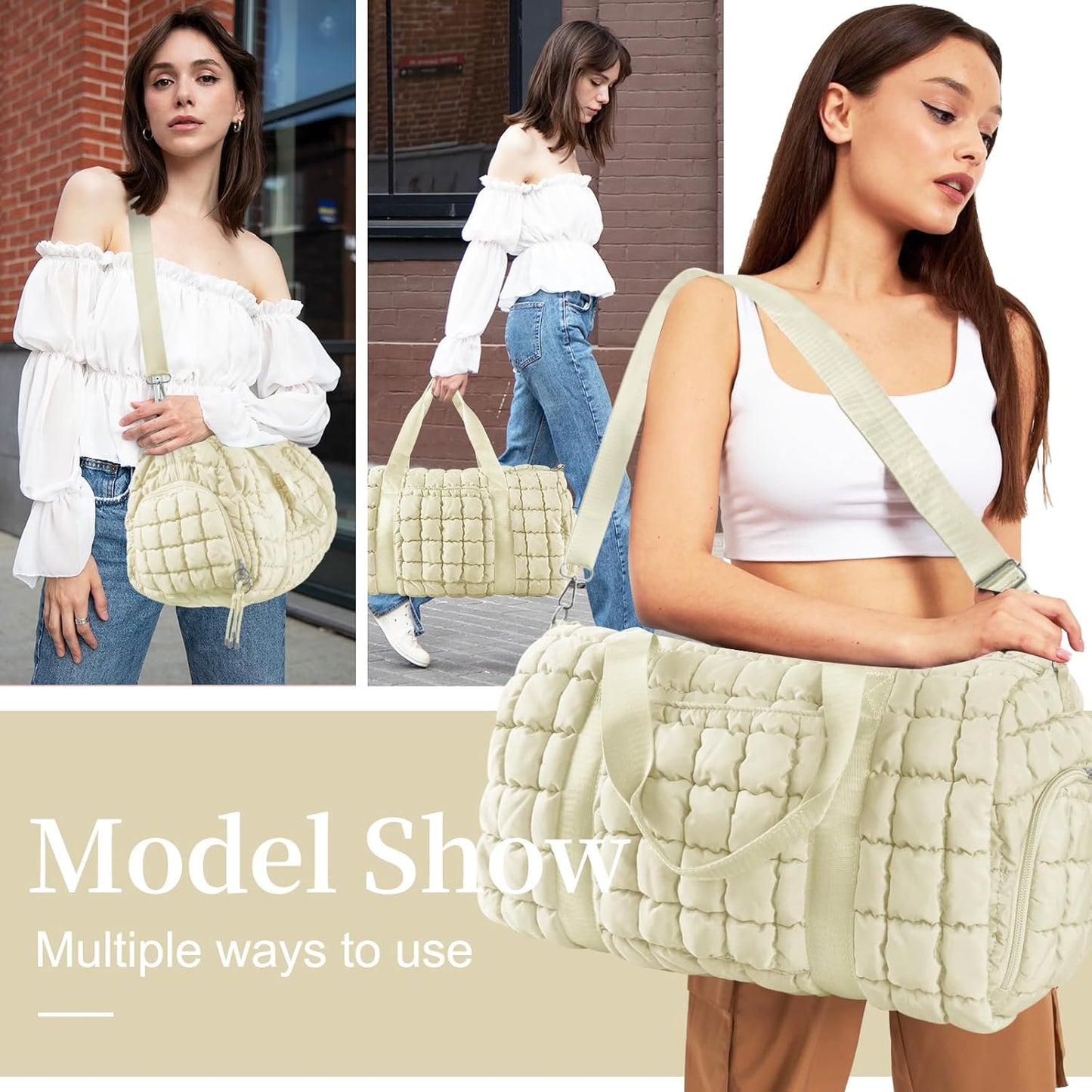 Quilted Travel Duffle Bag Gym Bag for Women,Large Puffer Duffle Weekender Bag with Compartment,Workout Overnight Carry on Organizer Bag Duffle Bag for Airplane Travel(Off-white)