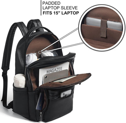 30L Business Laptop Backpack for Women Men, Travel Work Backpack Purse Faux Leather College Bookbag fits 15.6" Laptop - Black