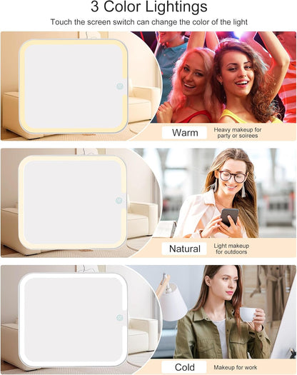 Relavel Makeup Bag with Light Up Mirror, Makeup Case Travel Cosmetic Bags Brush Organizer Storage Box, Rechargeable Vanity Mirror with 3 Color Lights, High Frame Mirror Protection (Pink)