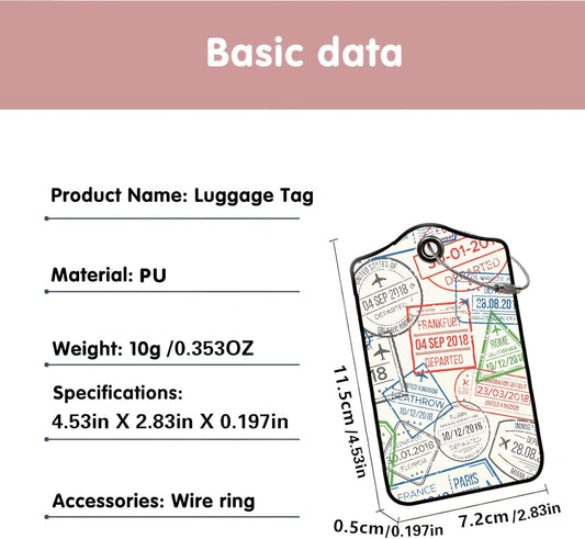 Luggage Tags for Suitcases, 2-Pack PU Leather for Cruise & Travel, Baggage ID Tags with Privacy Cover & Address Card, Durable Metal Ring, Kids Adults Travel Accessories, Global Stamps