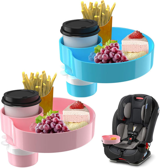 [2 Packs Blue & Pink] Kids Car Seat Tray, Travel Tray with Cup Holder for Toddler Baby, Kids Car Seat Food Snack Organizer for Road Trip, Stroller snack Organizer Travel Must Haves Toddler Must Haves