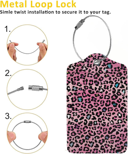 Pink Leopard Print Luggage Tags for Suitcases,2 Pack Luggage Tag, Leather Stainless Steel Loop Label Tag for Women Girl Travel Bag Suitcase
