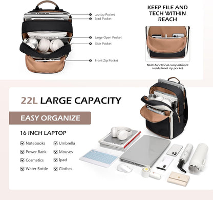 Laptop Backpack for Women Travel Carry On Bag Weekender Business Multilayer Personal Item Backpack,16 Inch,WBlack