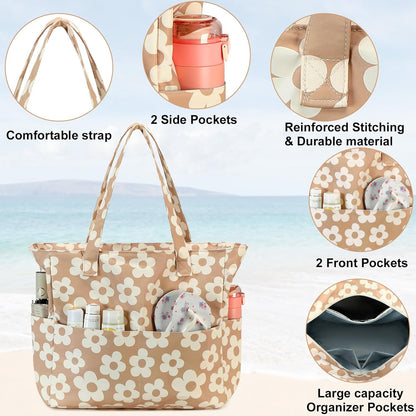 CAMTOP Waterproof Beach Tote Bag for Women Girls with Zipper Foldable Sandproof Pool Swim Bag Travel Carry On Gym