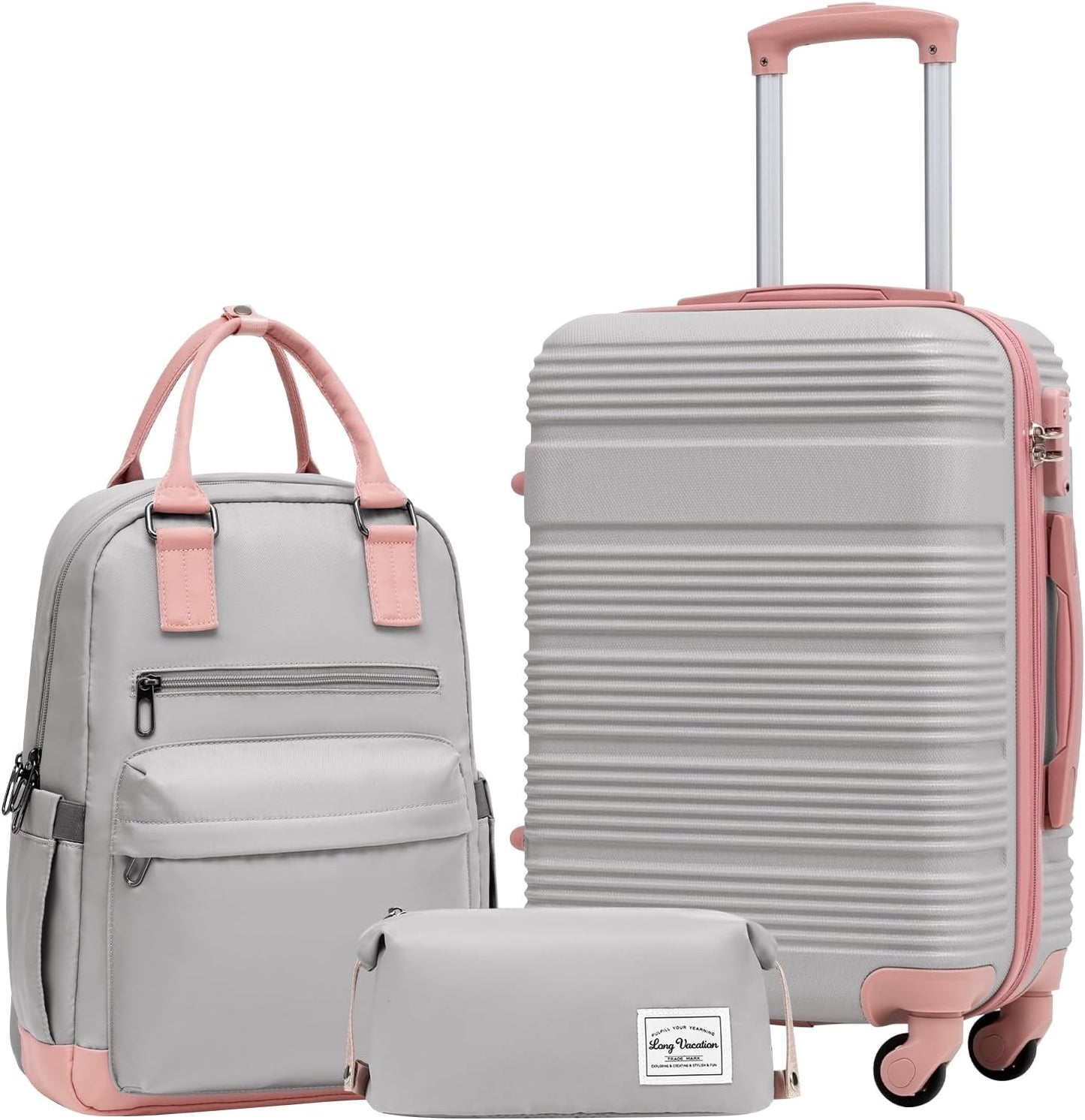 LONG VACATION 3 Piece Carry On Luggage 20 Inch Suitcase with Spinner Wheels, ABS+PC Hardshell Suitcase set with TSA Lock & YKK Zipper