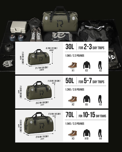 BORLENI Waterproof Motorcycle Dry Duffel Bag Luggage Tail Bag with Large Storage Space,Roll Top Closure, Shoulder Straps, Inner Pocket and Mesh Pocket for Motorcycling Travel Camping (Army Green,70L)