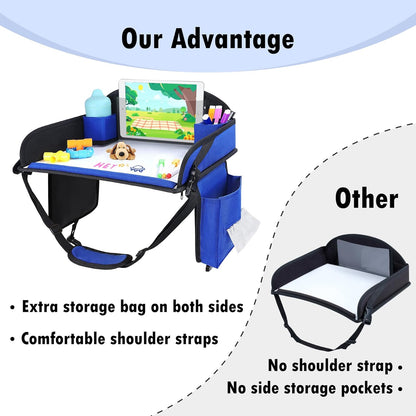 Kids Travel Tray for Airplane - Toddler Car Seat Table Tray, Road Trip Essentials for Boys & Girls, Carseat Lap Desk for Kids Road Trip Activities(Navy Blue)