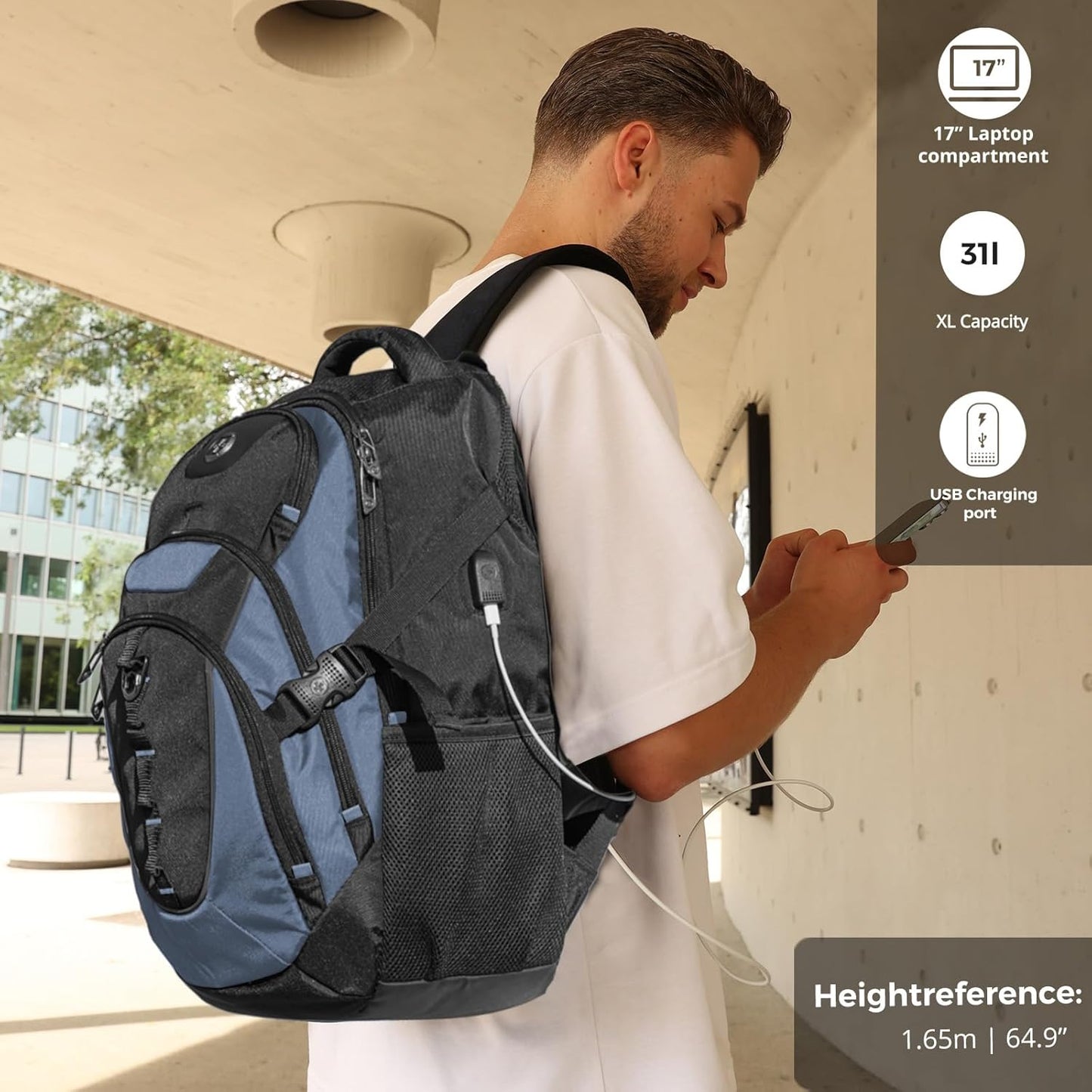 Swissdigital Design Laptop Backpack with USB Charging Port, TSA Travel Backpack Fits 15.6 inches Computer, 31L College School Backpack for Men, Haze Blue/Black | SD803