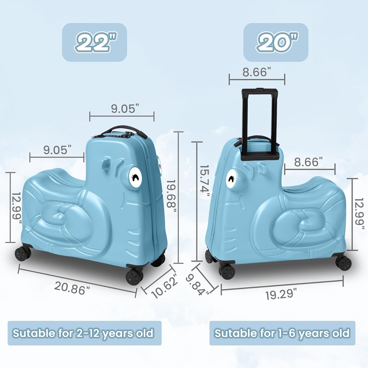 Kids Ride-on Luggage with Spinner Wheels Suitcase, Kid's Ride-On Suitcase Help Your Child Relax, Carry On Trolley Luggage with Password Lock (Blue, 22 inches)
