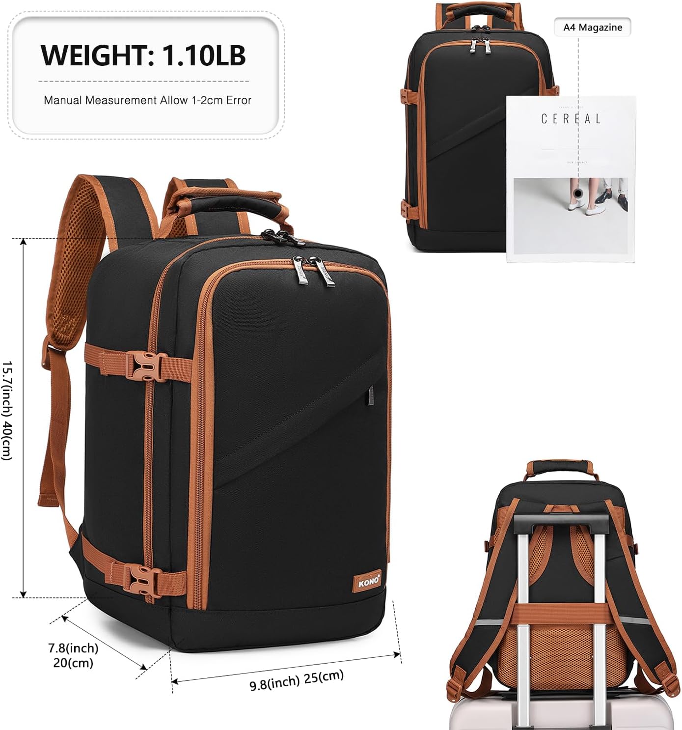 Kono Carry on Backpack, 16" Airplane Approved Under Seat Travel Backpack for Men and Women, Waterproof Lightweight Daypack for Flight 20L, Black/Brown