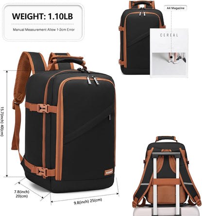Kono Carry on Backpack, 16" Airplane Approved Under Seat Travel Backpack for Men and Women, Waterproof Lightweight Daypack for Flight 20L, Black/Brown