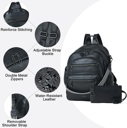 Backpack Purse for Women Laptop Backpack, Leather Travel Backpack Shoulder Bag Teacher College Daypack Work Handbag fits 14" Laptop-Black