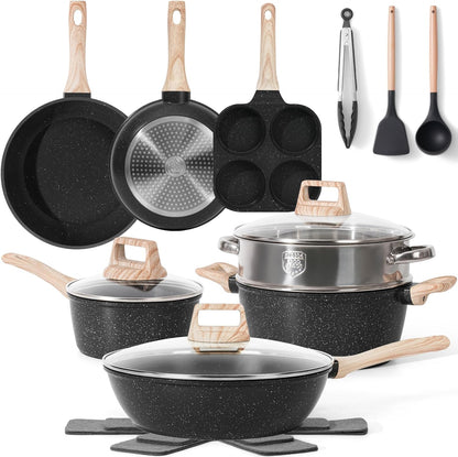 17 Pcs Pots and Pans Set Non Stick Kitchen Cookware Sets Nonstick Induction Cookware Non-toxic Black Granite Cooking Tools with Stay-Cool Handles, Pot Protectors (PFOS/PFOA Free)