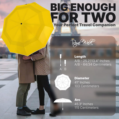 Royal Walk Windproof Folding Travel Umbrella Compact and Strong Luxurious Real Wood Handle Automatic Open Close Vented Double Canopy for Men and Women
