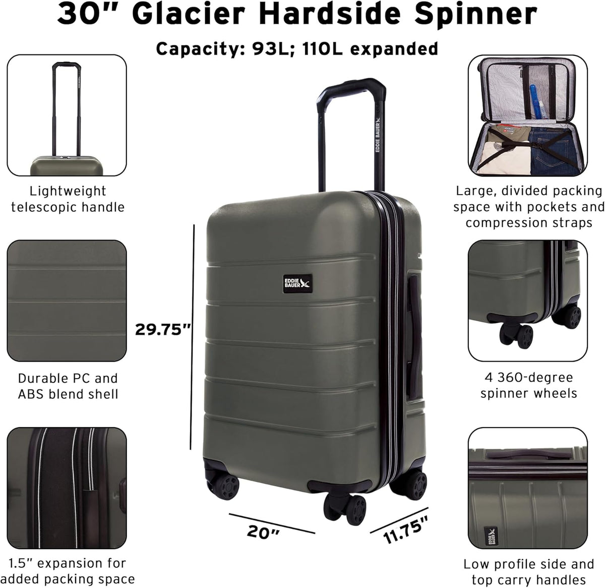 Eddie Bauer Glacier Carry-On 22" and Checked 30" Luggage | Hardside | Spinner Wheels | Expandable | Lightweight | Travel Essentials - Sprig Green