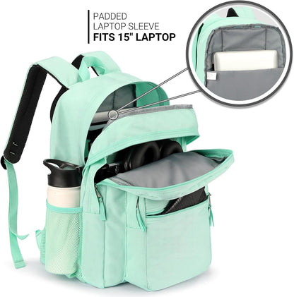 ZORFIN 26L Backpack for College, and Travel: Water Resistant Bookbag - Mint