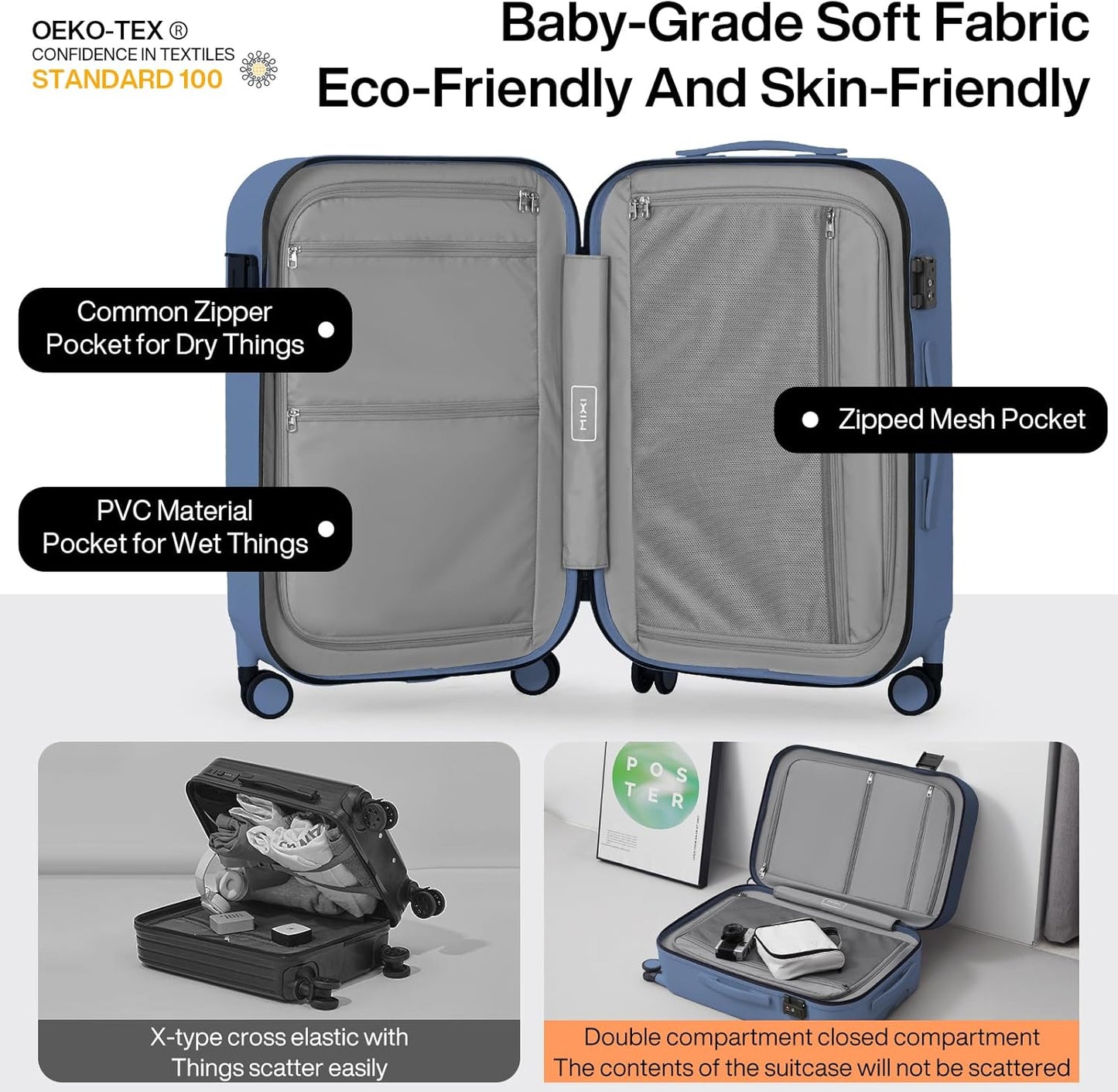 mixi Hardside PC Suitcase 24 Inch Checked Luggage Spinner Wheels TSA with Cover, Sapphire Blue