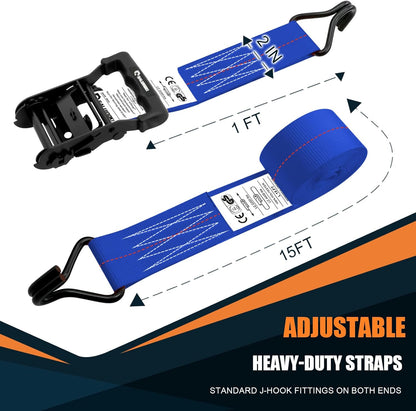 6 Pack 2 inch Ratchet Straps Heavy Duty J Hook 2 in x 15ft with Strong Ratcheting, Cargo Load Tie Down Strap 2200lbs Working Load for Trucks Blue