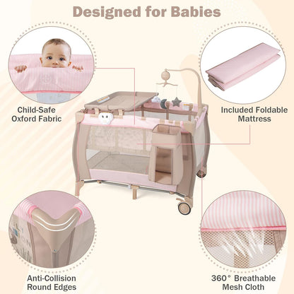 HONEY JOY Pack and Play, 3 in 1 Portable Baby Playard with Bassinet, Changing Table, Lockable Wheels, Music Box, Foldable Travel Baby Crib Nursery Center from Newborn to Toddler (Coffee Pink)