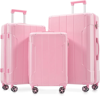 Merax Luggage Sets 3-Piece Hardshell with Spinner Wheels Lightweight Suitcase with Corner Guards (Pale Pink, 20/24/28)