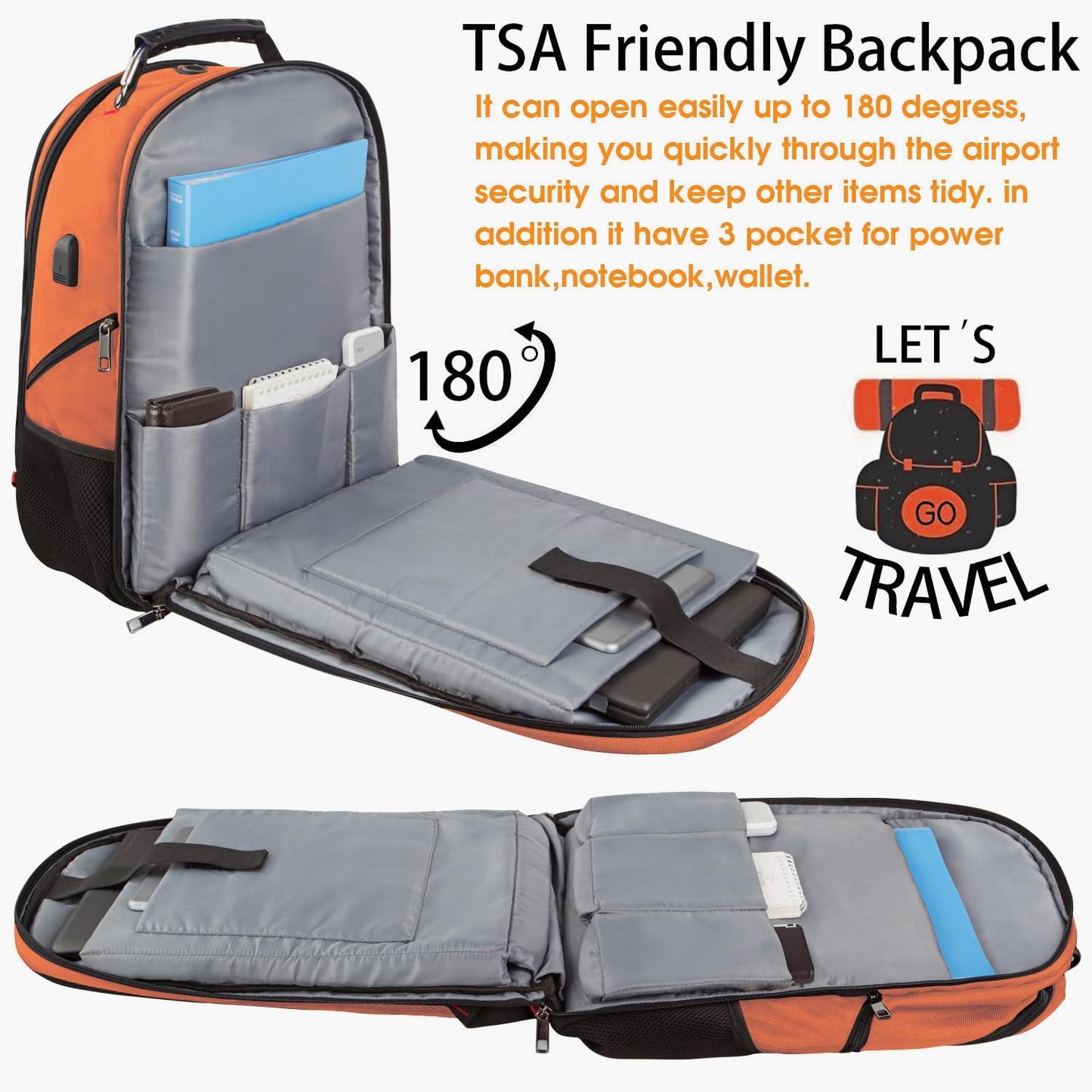 Extra Large 50L Travel Laptop Backpack, Computer bag Backbag with USB Charging Port, TSA Friendly Durable Big RFID Heavy Duty Business Tech Backpack Fits 17 Inch Laptops for Men Women, Orange