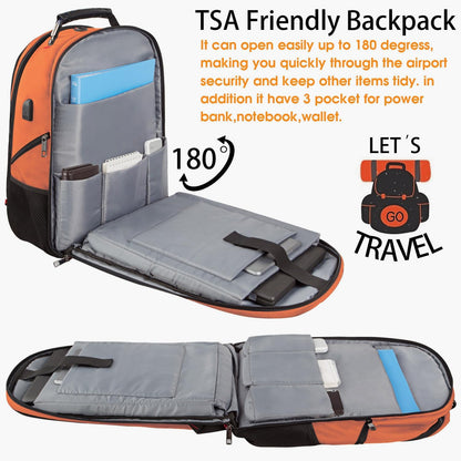 Extra Large 50L Travel Laptop Backpack, Computer bag Backbag with USB Charging Port, TSA Friendly Durable Big RFID Heavy Duty Business Tech Backpack Fits 17 Inch Laptops for Men Women, Orange