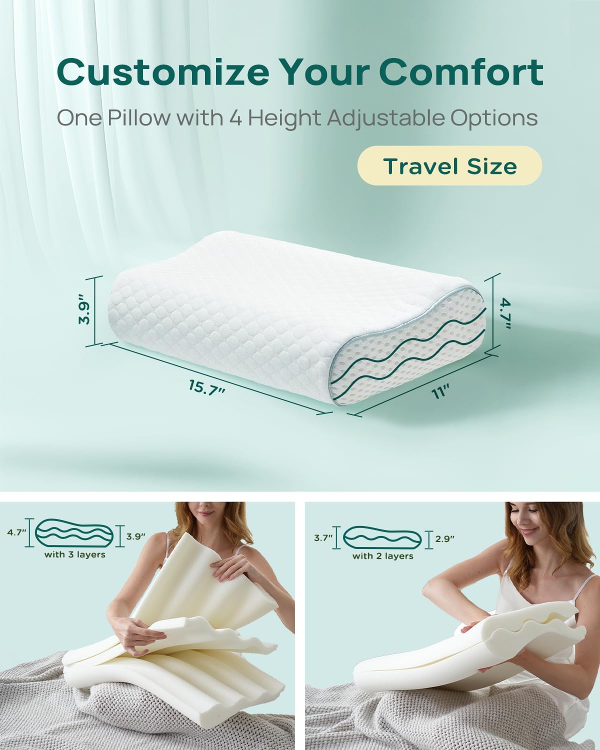 Memory Foam Neck Pillow for Pain Relief – Adjustable Contour (4 Heights), Portable & Washable – Travel Pillow for Airplane, Car, Hiking (15.7” x 11”) – No Storage Bag