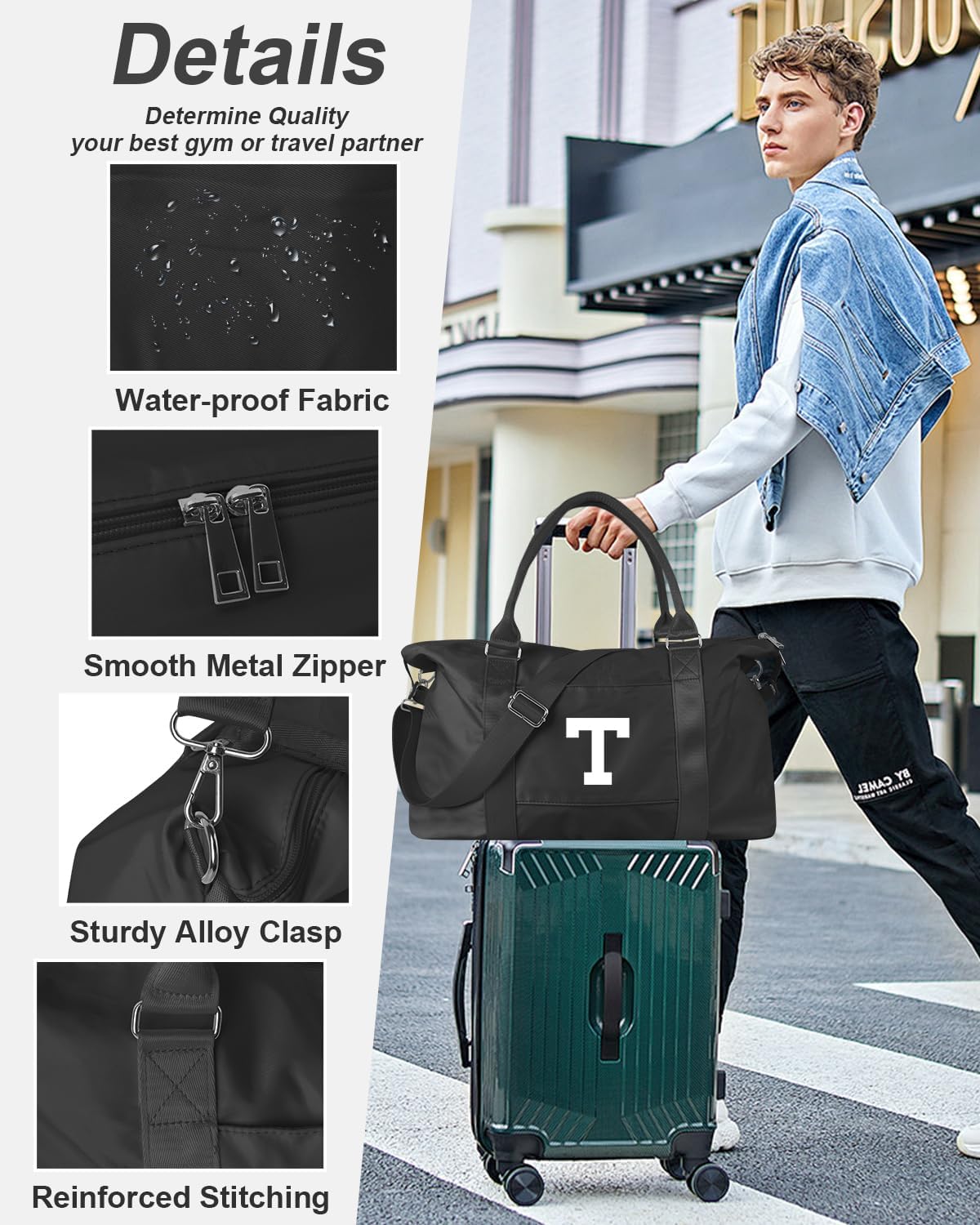 Initial Travel Duffel Bag Sports Gym Bag for Boys Teen Birthday Gifts,Black Personalized Weekender Bag Carry On Tote Bags for Men,Waterproof Overnight Luggage Bag Airplane Travel Essentials(Letter T)