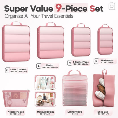Veken 9/11 Set Compression Packing Cubes for Travel Essentials,Compressible Expandable Large Luggage Suitcase Organizer Bags for Clothing,Durable Space Saver Storage Bags with Toiletry Bags(Pink)