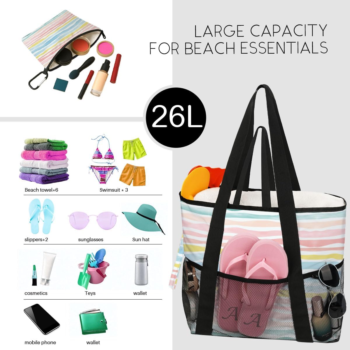 Sandproof Beach Bag with Zipper - 8-Pocket Waterproof Tote for Women & Family | Foldable Travel Swim Bag (Gift-Ready)