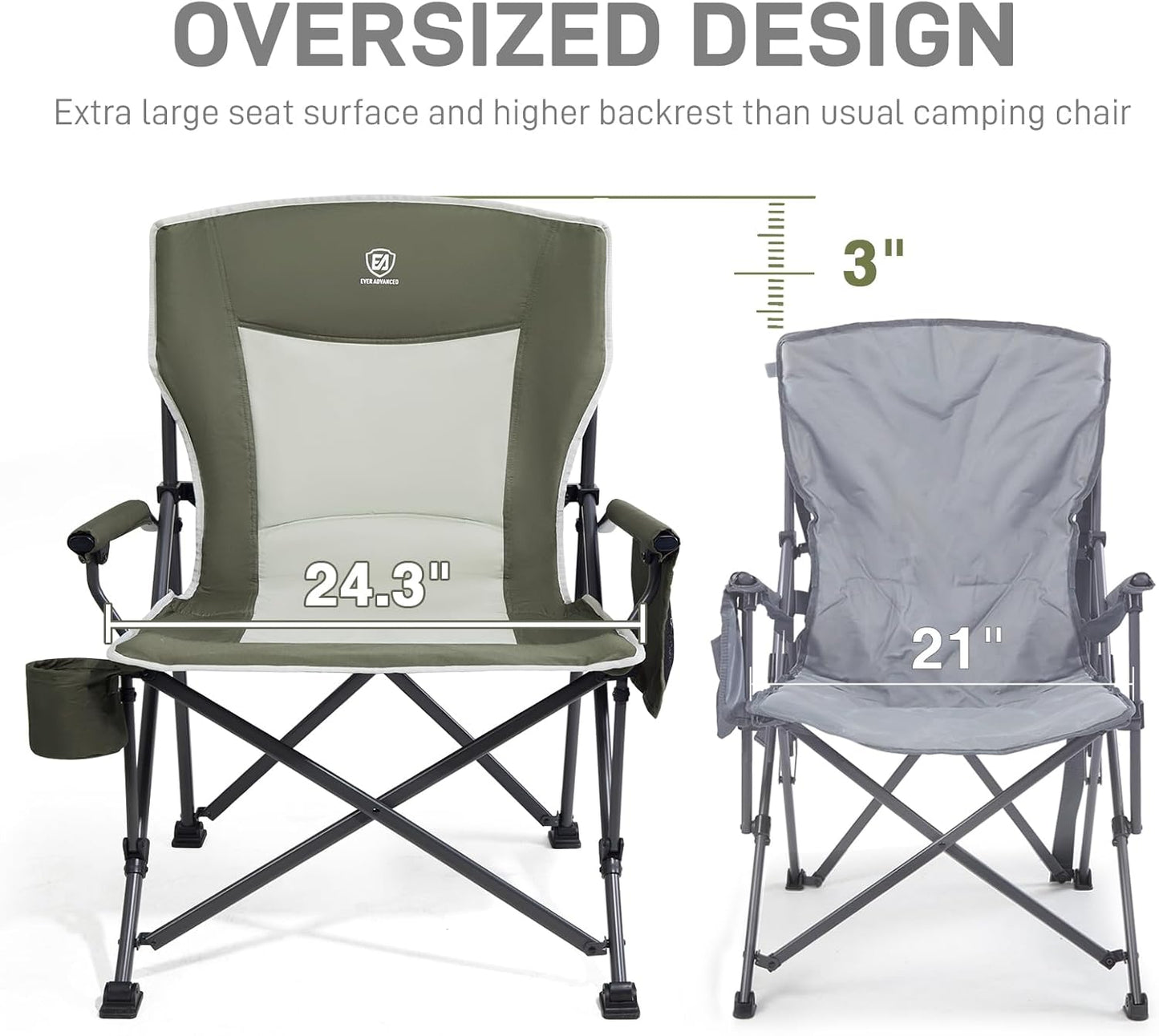 EVER ADVANCED Oversized Folding Camping Chair, for Adults Heavy Duty Lawn Chair with Side Pockets, Portable Collapsible Quad Chair for Outside, Support Up to 500lbs, Green
