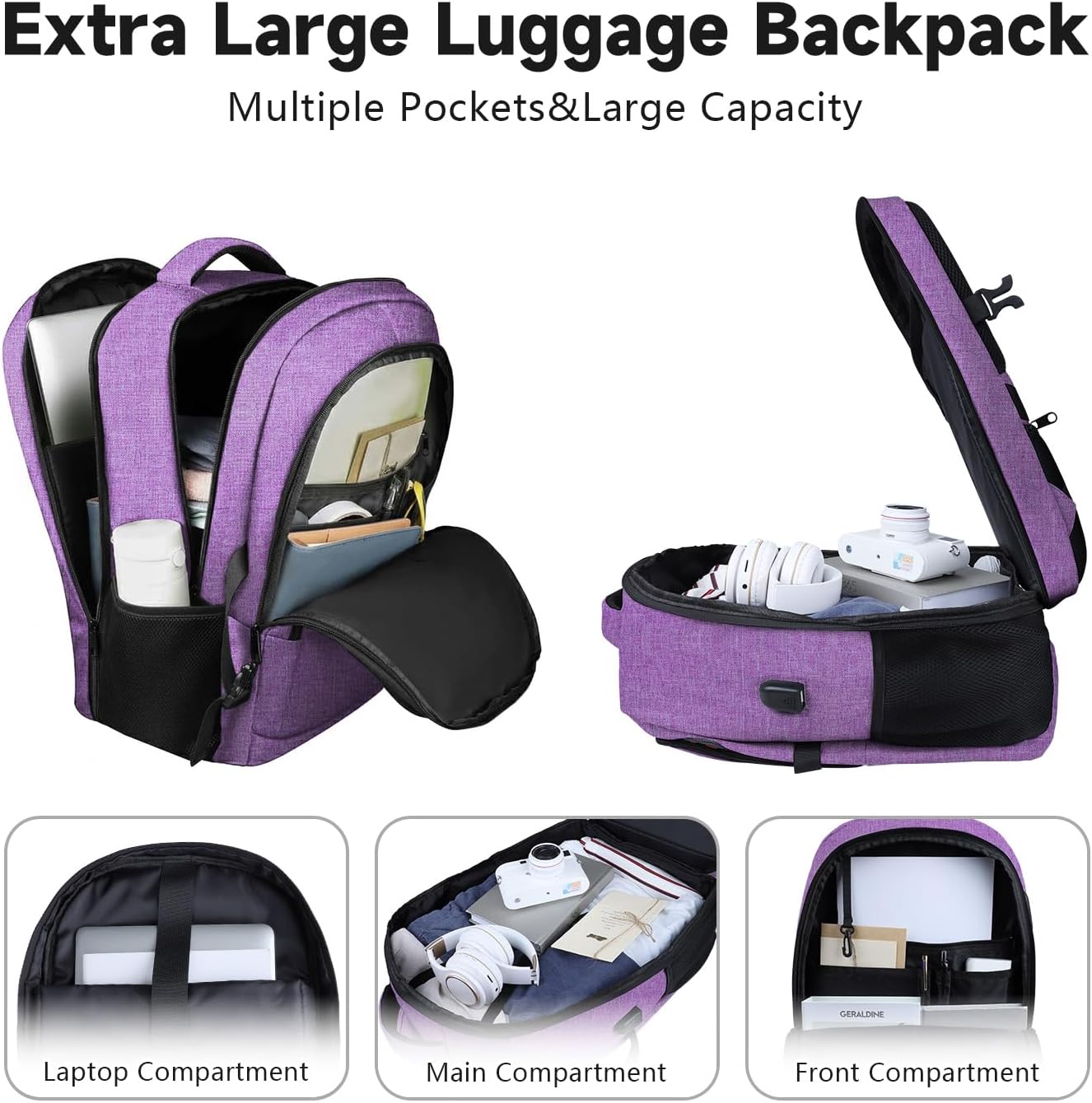 Lapsouno Extra Large Travel Backpack, Travel Laptop Backpack, Multiple Pockets 17.3 Inch Carry on Backpack with USB Port, TSA Friendly Water Resistant College School Business Bag for Women, Purple