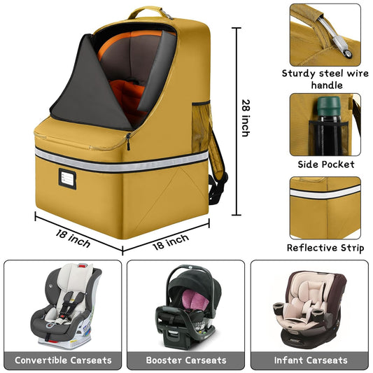 Car Seat Travel Bag - Padded Car Seat Carrier with Steel Cable Handle and Reflective Stripes, Large Durable Airport Gate Check Bag with Shoulder Strap