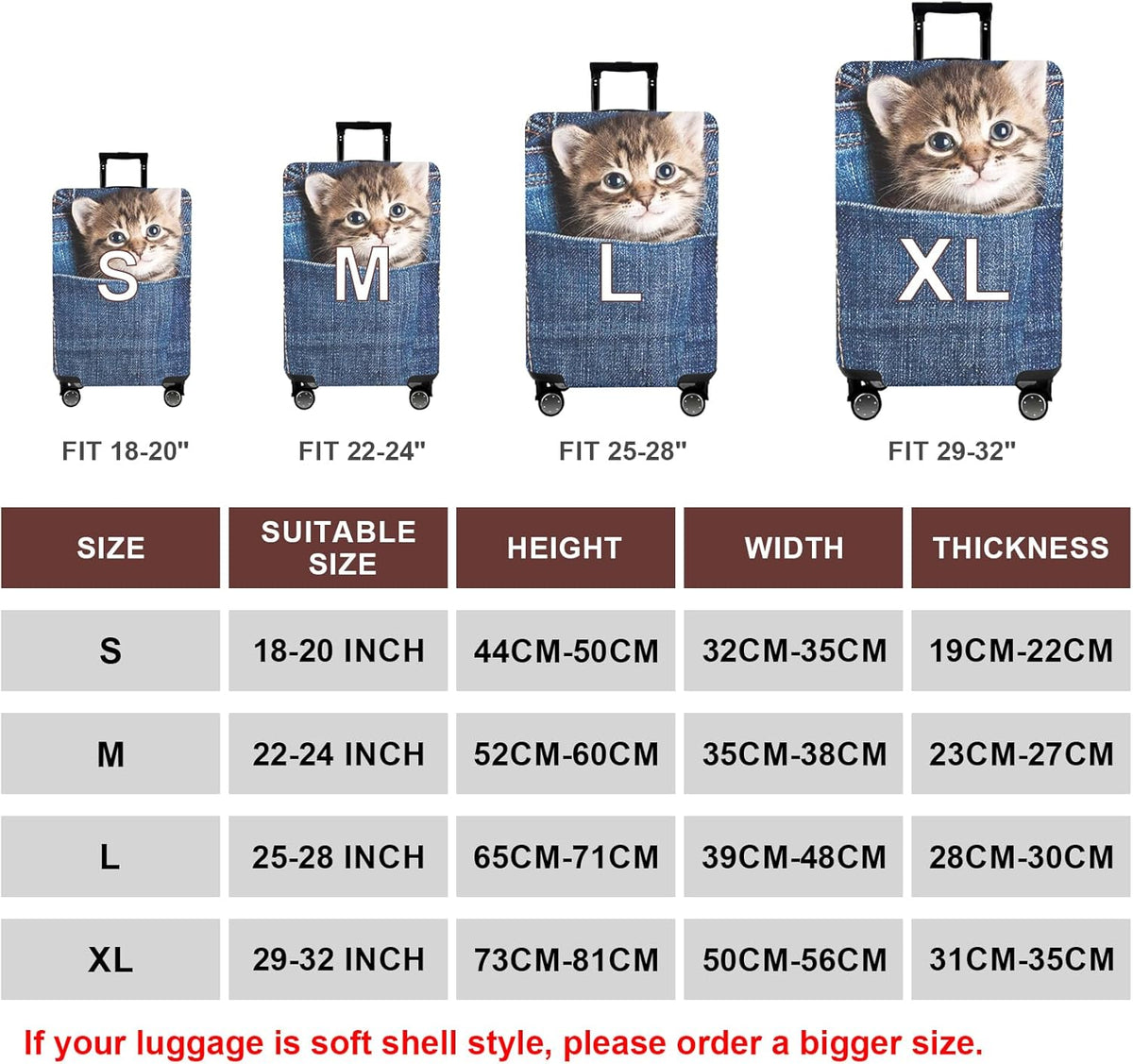 WUJIAONIAO Travel Luggage Cover Baggage Suitcase Cover Protector Skins 18-32 Inch (Cat B, M (for 22-24 inch luggage))