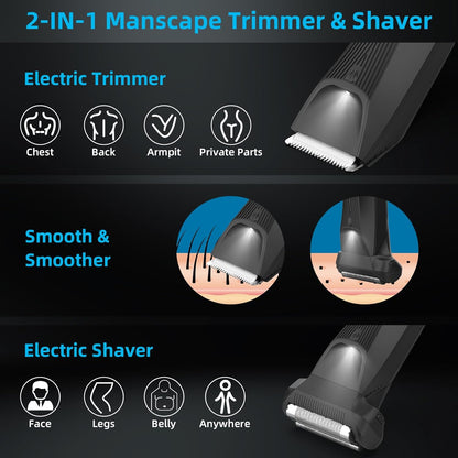 INVJOY Manscape Body Trimmer for Men, Waterproof Electric Razor/Shavers with Dual-Head for Facial, Pubic & Groin Hair Grooming, Ceramic & Foil Blades Hair Trimmer with LED - Birthday Gift for Him Dad