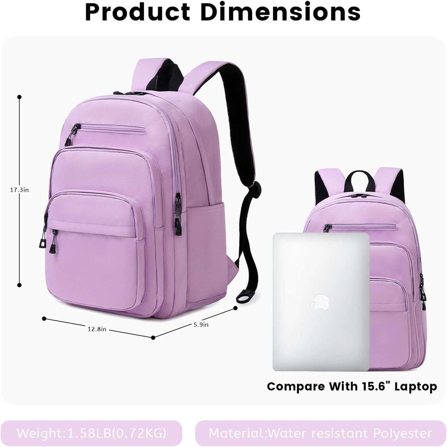 Lanola Basic Multi-Pocket Multipurpose Backpack Classical Water Resistant Student Bookbag For School Business Travel or Casual Daypack Backpacks For Men Or Women - Purple