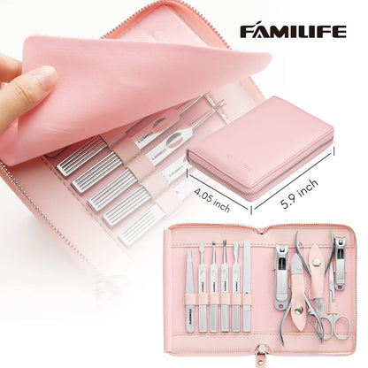 FAMILIFE Manicure Set Professional Manicure Kit Nail Kit - 11PCS Gifts for Her Nail Clippers for Women Stainless Steel Pedicure Sets Pink Leather Case