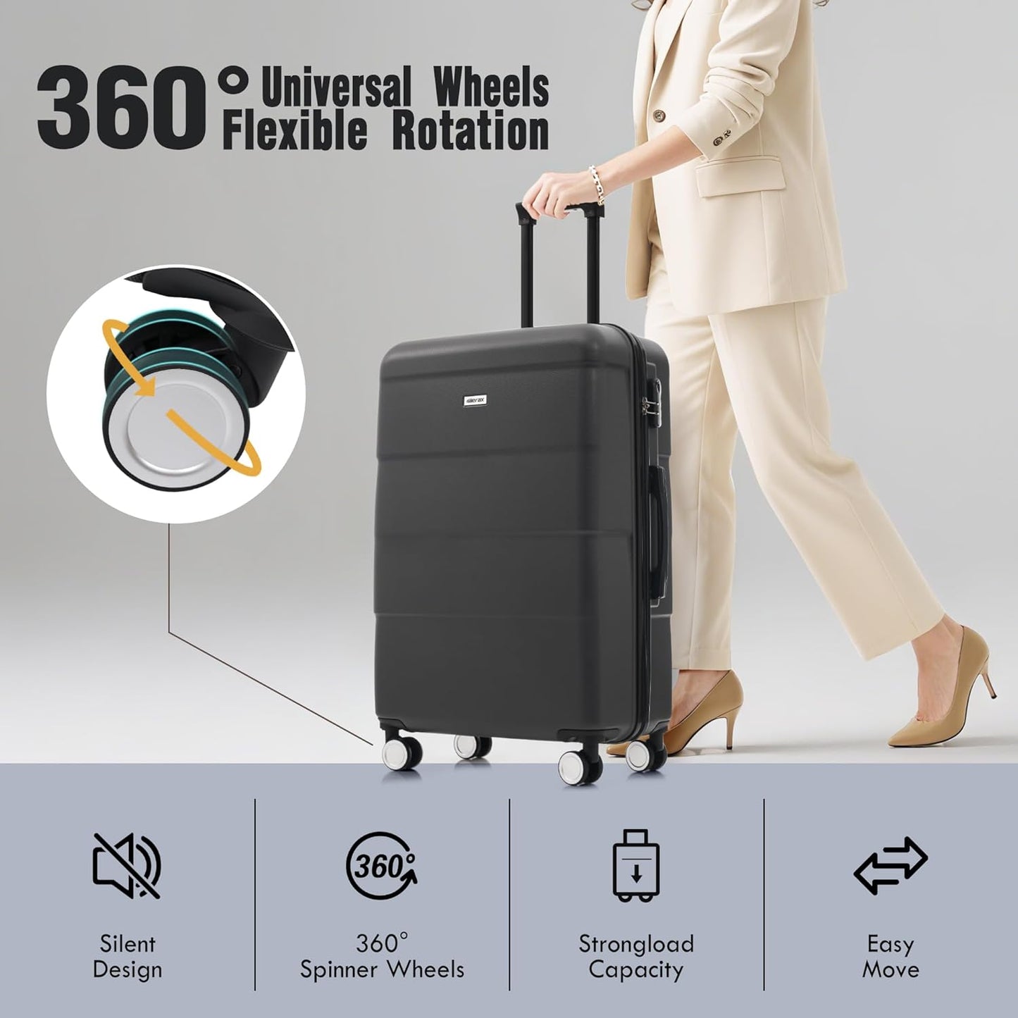 Merax Luggage Sets of 3 Piece Carry on Suitcase Airline Approved,Hardcase Suitcase Set with Double Spinner Wheels,Charcoal