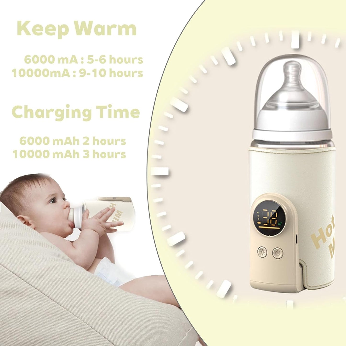 2025 Upgrade Portable Bottle Warmer for Travel,Comfortable Bottle Warmer on the go,Rapid Warming,Long-Lasting Warming up to 6-10H (10000 mAh)
