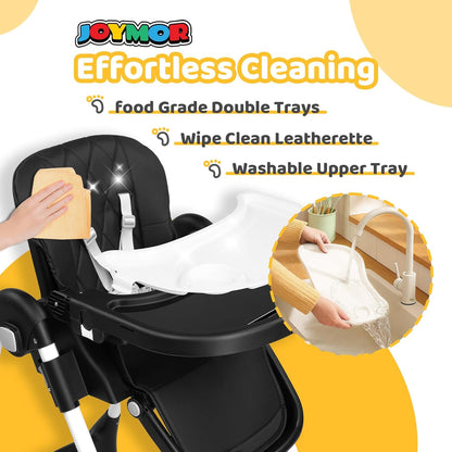 JOYMOR Foldable Baby High Chair, 4 in 1 Convertible Highchair for Eating, Height Adjustble and Multiple Recline, Compact Foldable Design for Easy Storage (Black)