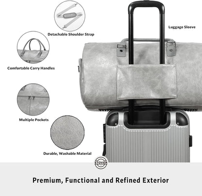 STOVER Garment Travel Duffle Bag, Large 2-in-1 Convertible Carry-on Luggage for Men & Women- Hanging Suits, Dresses & Clothes + Shoe Compartment- Weekender Tote Combo Duffel (Grey Leatherette)