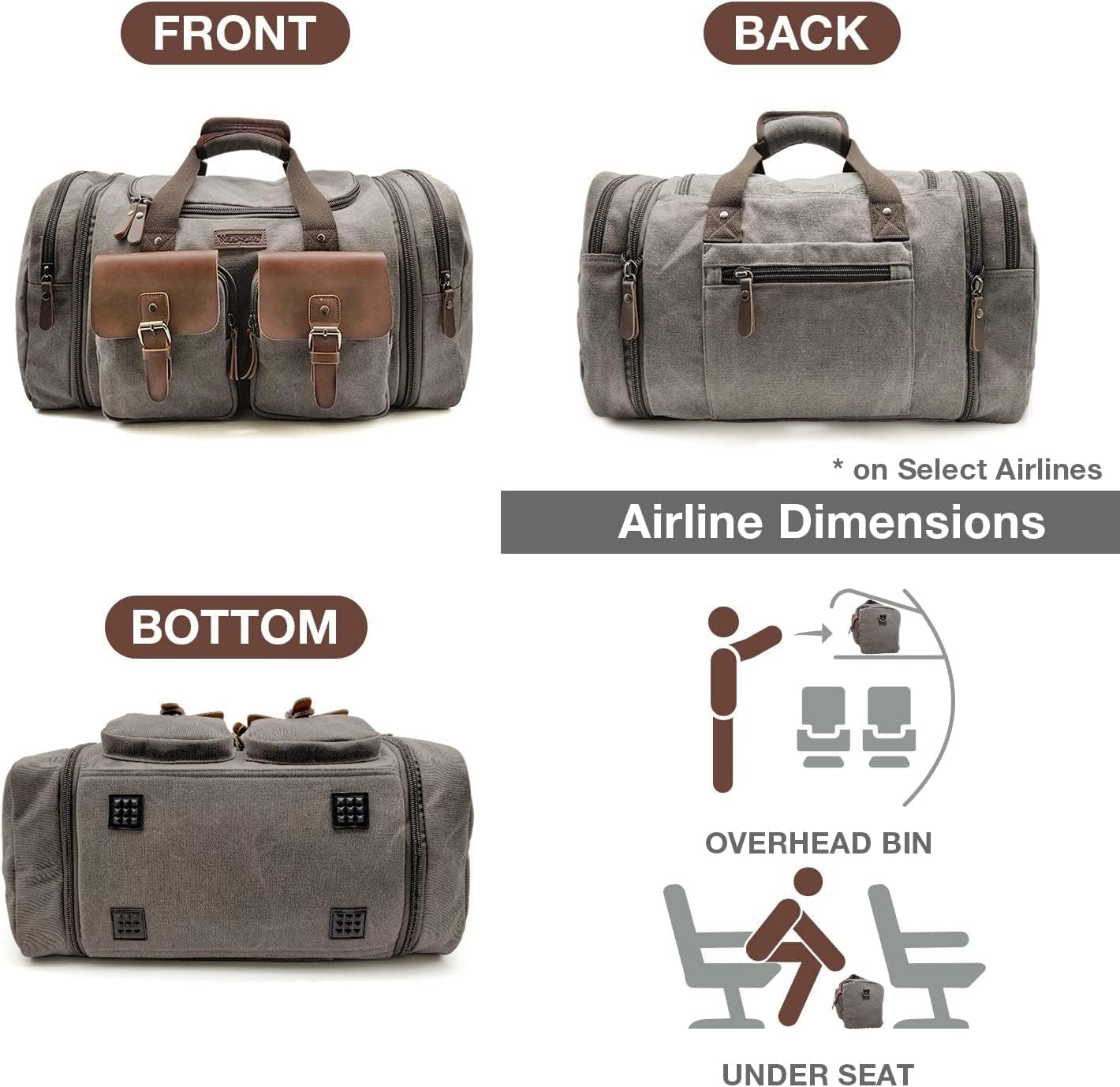 Wildroad 60L Travel Duffel Bag, Expandable Canvas Genuine Leather Duffle Bag Upgraded Overnight Weekender Bag Carry on Bag