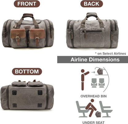 Wildroad 60L Travel Duffel Bag, Expandable Canvas Genuine Leather Duffle Bag Upgraded Overnight Weekender Bag Carry on Bag
