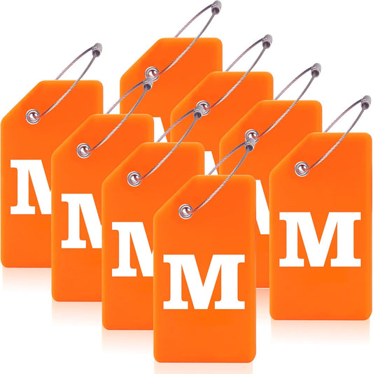 8 Pcs Luggage Tags for Suitcases, 26 Initial Letter Travel Luggage Baggage Identification Labels ID Tags Fully Bendable Tags with Stainless Steel Loop (Letter M, Orange)