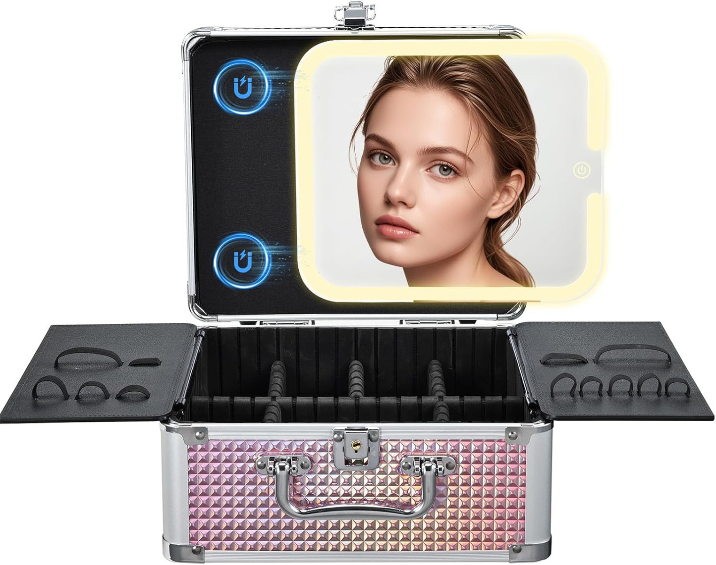 Makeup Case with Magnetic Lighted Mirror Makeup Organizer Box Travel Cosmetic Case with 3 Colors LED Mirror Portable Vanity Make up Suitcase with Lockable Keys Dividers Brush Holder Shiny Pink