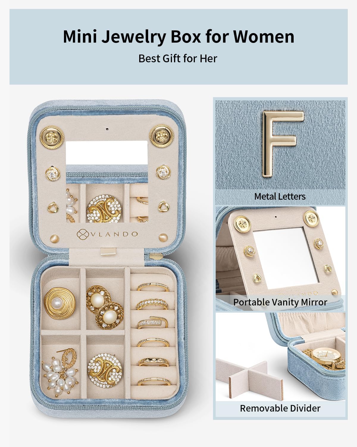 Vlando Jewelry Box for Aunt Gifts from Niece Nephew, Birthday Gifts for Aunt Auntie, Unique Gifts for Aunt Auntie Travel Jewelry Case, Auntie Gifts for Wedding Anniversary - Letter F, Blue