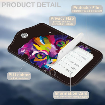 2 Pcs Cute Cat Luggage Tags for Suitcases PU Leather Colorful Art Kitten Animal Baggage Tags Name ID Label with Privacy Cover and Stainless Steel Loop for Men Women Travel Bag Suitcase