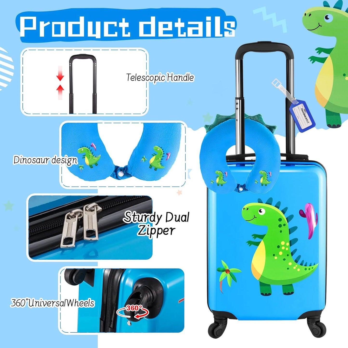 Sanwuta 4 Pcs Kids Luggage Set Kids Backpack Travel Rolling Suitcase with Wheels U-shape Pillow Childrens Gift for Girls Boys(17 Inch,Dinosaur Style,Blue)