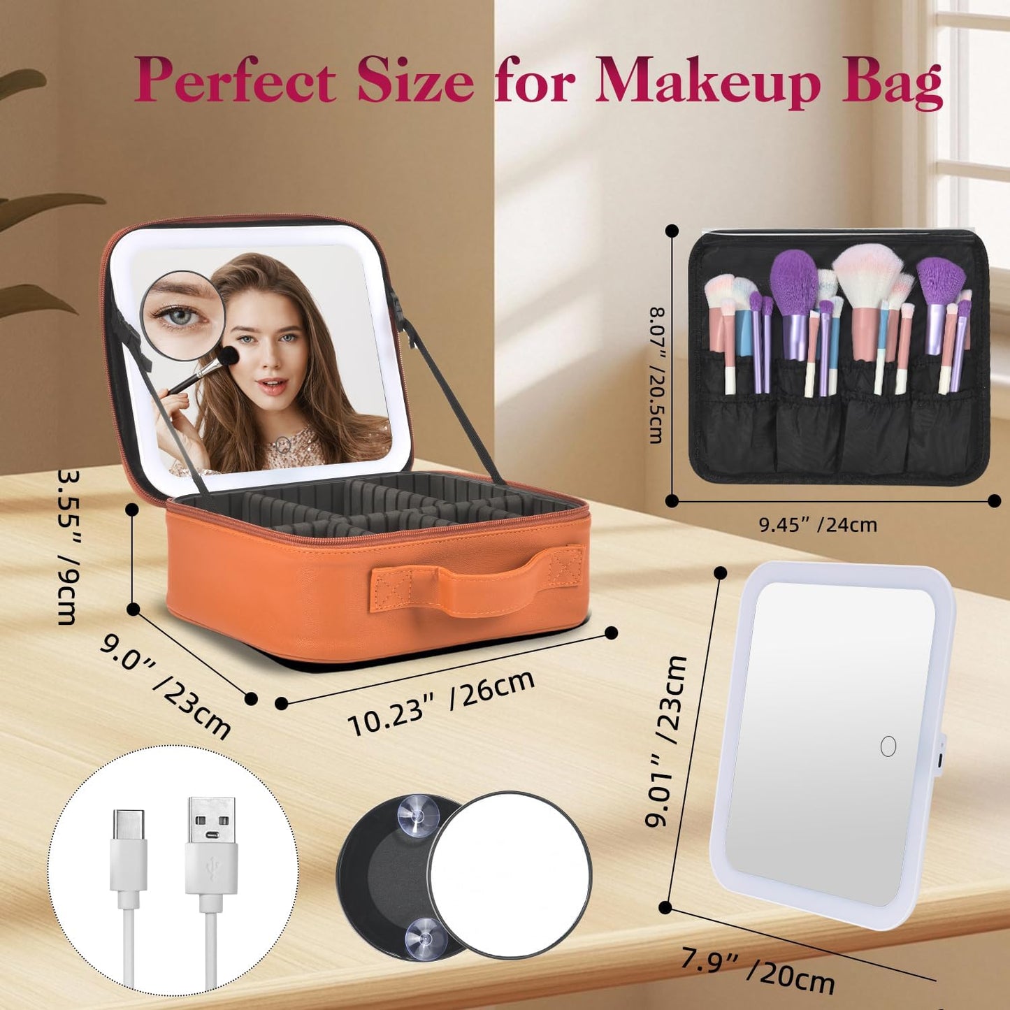 Travel Makeup Bag With LED Mirror,Makeup Travel Train Case with 3 Color Setting,Cosmetic Makeup Organizer Bag with Adjustable Dividers,Portable Make up Bag with Makeup Brush Holder Storage（Caramel）