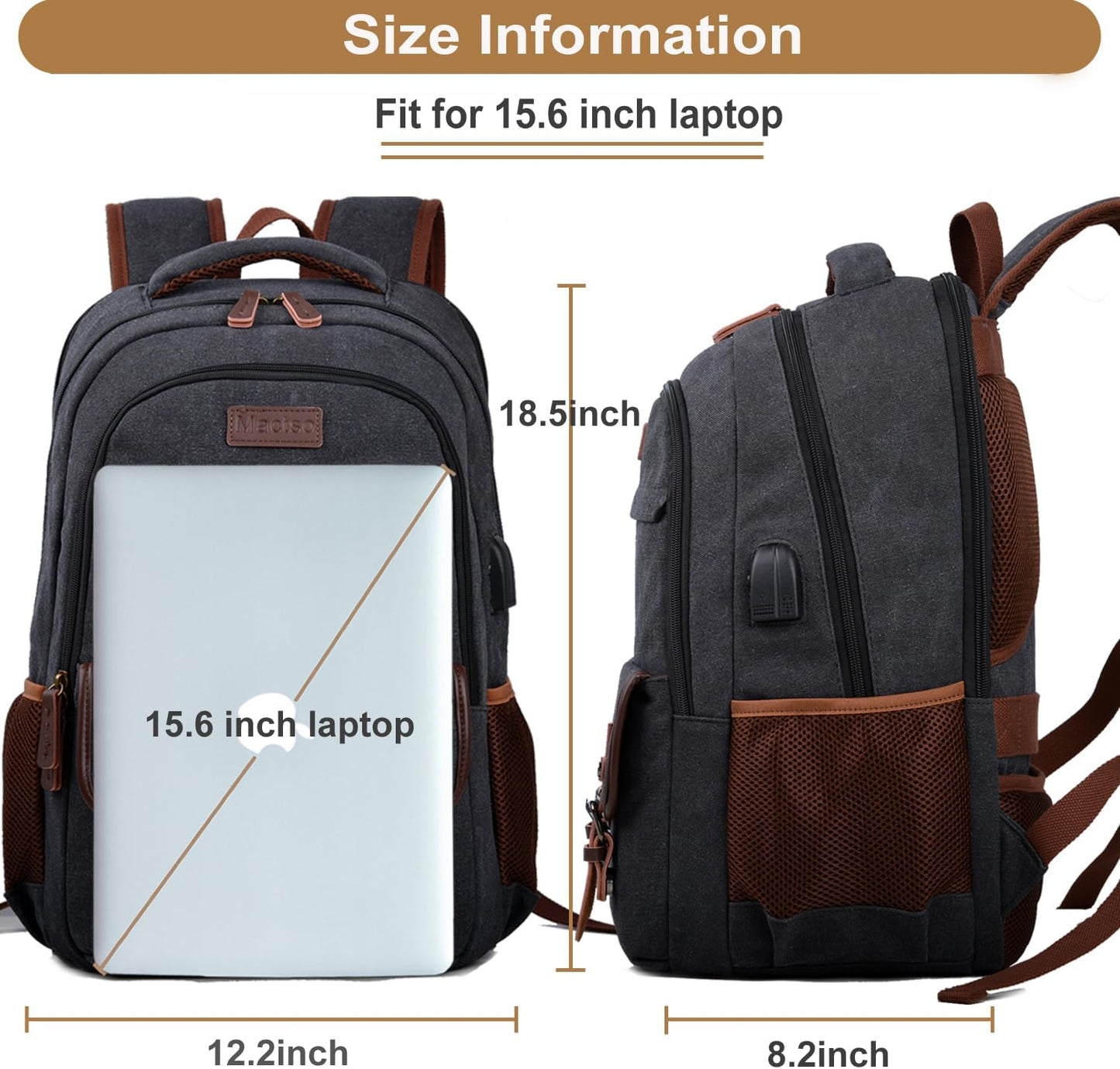 Mactso Canvas Travel Laptop Backpack for Men Women, Business Work Rucksack College School Computer Bag Fits 15.6 Inch Notebook,Bookbag with USB Charging Port (Black, 15.6 Inch)